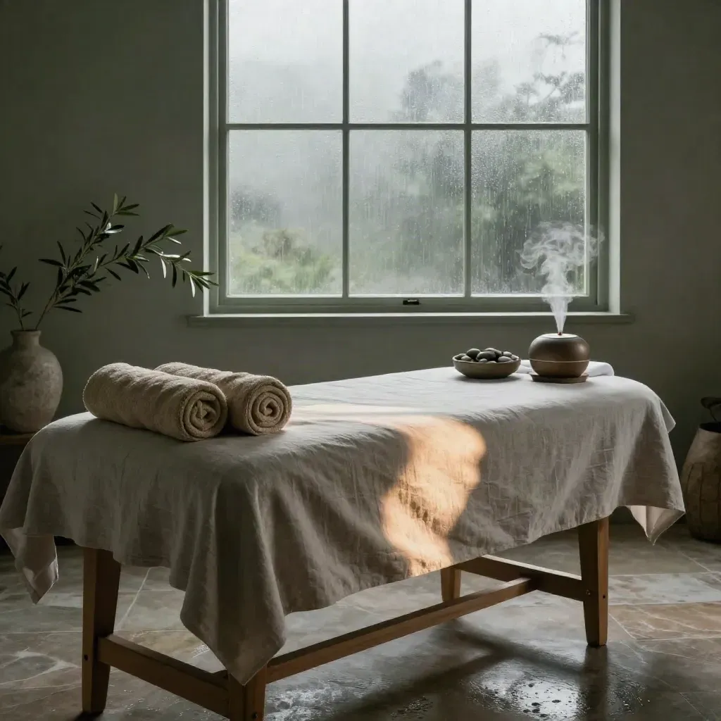 Stanza di acupressione con lettino in lino, diffusore, vapore e luce dell’alba dopo la pioggia.