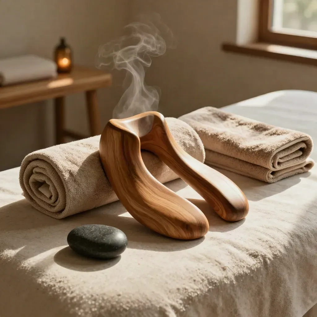 Set cervicale wellness con cuscino a rullo, asciugamano caldo, supporto in legno e pietra tiepida