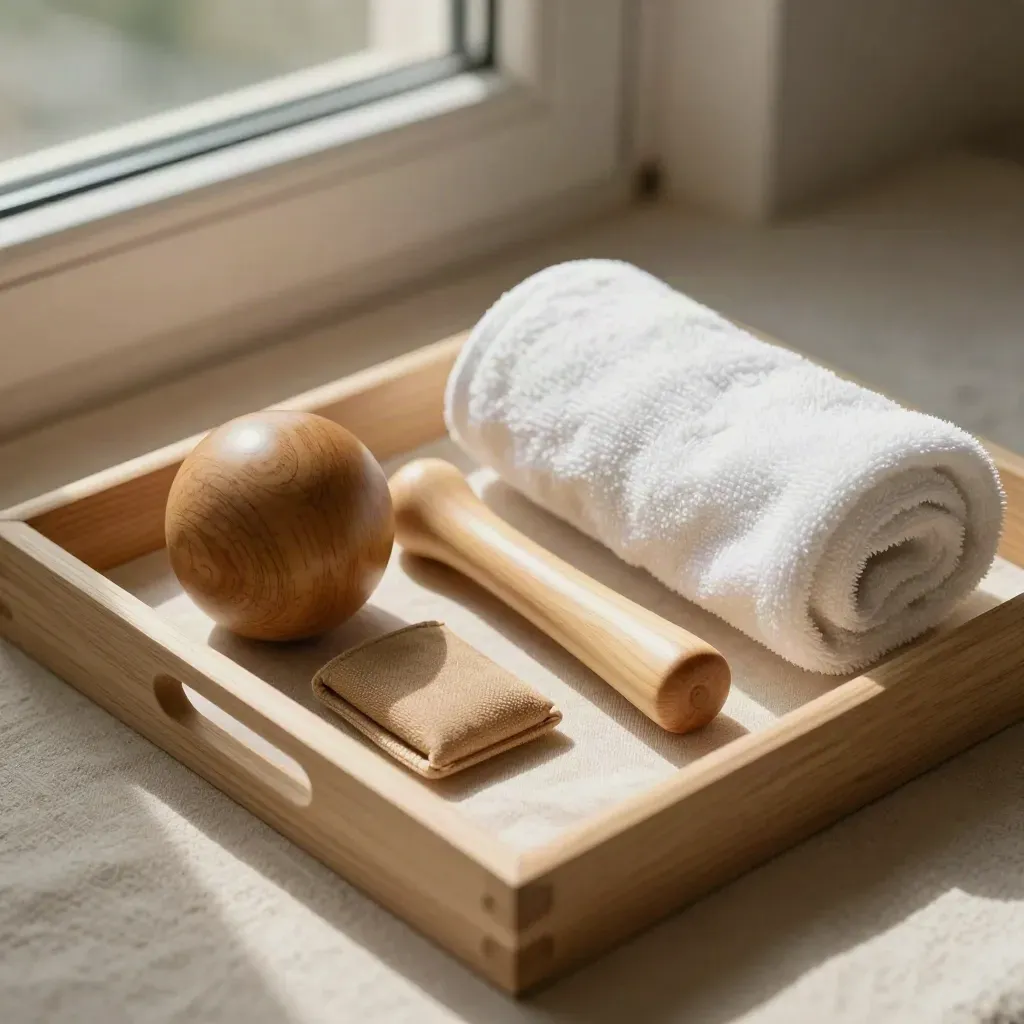 Kit domestico per autoagopressione vicino alla finestra con sfera di legno, bastoncino e asciugamano arrotolato.
