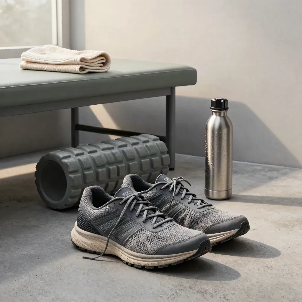 Scarpe da corsa, foam roller, asciugamano tecnico e borraccia in un angolo recupero vuoto.