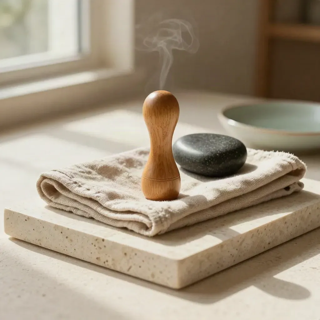 Stilo in legno, pietra basaltica e lino su travertino con lieve vapore