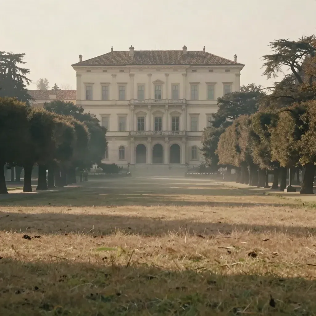 Villa Reale di Monza tra la bruma, con prato calmo e alberi velati